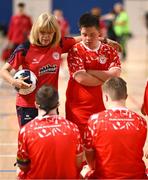 11 May 2025; Shelbourne players and coach during the LOI Cairdeas Cup Festival at the National Indoor Arena on the Sport Ireland Campus in Dublin. Photo by Stephen McCarthy/Sportsfile