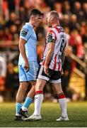 5 May 2025; Joe Redmond of St Patrick's Athletic and Mark Connolly of Derry City during the SSE Airtricity Men's Premier Division match between Derry City and St Patrick's Athletic at The Ryan McBride Brandywell Stadium in Derry. Photo by Stephen McCarthy/Sportsfile
