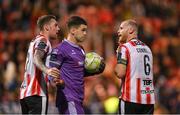 5 May 2025; Derry City goalkeeper Brian Maher with Kevin Holt, left, and Mark Connolly, right, during the SSE Airtricity Men's Premier Division match between Derry City and St Patrick's Athletic at The Ryan McBride Brandywell Stadium in Derry. Photo by Stephen McCarthy/Sportsfile
