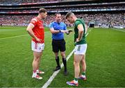 11 May 2025; Referee Martin McNally with team captains Sam Mulroy of Louth and Eoghan Frayne of Meath before the Leinster GAA Football Senior Championship final match between Louth and Meath at Croke Park in Dublin. Photo by Piaras Ó Mídheach/Sportsfile