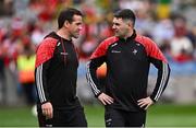 11 May 2025; Louth manager Ger Brennan, left, with Josh Warde before the Leinster GAA Football Senior Championship final match between Louth and Meath at Croke Park in Dublin. Photo by Piaras Ó Mídheach/Sportsfile