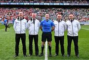 11 May 2025; Referee Martin McNally with his umpires before the Leinster GAA Football Senior Championship final match between Louth and Meath at Croke Park in Dublin. Photo by Piaras Ó Mídheach/Sportsfile