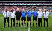 11 May 2025; Referee Martin McNally with his match officials before the Leinster GAA Football Senior Championship final match between Louth and Meath at Croke Park in Dublin. Photo by Piaras Ó Mídheach/Sportsfile