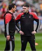 11 May 2025; Louth manager Ger Brennan, left, with Josh Warde before the Leinster GAA Football Senior Championship final match between Louth and Meath at Croke Park in Dublin. Photo by Piaras Ó Mídheach/Sportsfile