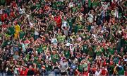 11 May 2025; Meath supporters celebrate after their side's first goal, scored by Mathew Costello, during the Leinster GAA Football Senior Championship final match between Louth and Meath at Croke Park in Dublin. Photo by Piaras Ó Mídheach/Sportsfile