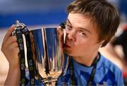 11 May 2025; Dundalk's David O'Hare celebrates with the cup after the LOI Cairdeas Cup Festival final match between Dundalk and Finn Harps at the National Indoor Arena on the Sport Ireland Campus in Dublin. Photo by Stephen McCarthy/Sportsfile