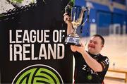 11 May 2025; Dundalk's Adam Nulty celebrates with the cup after the LOI Cairdeas Cup Festival final match between Dundalk and Finn Harps at the National Indoor Arena on the Sport Ireland Campus in Dublin. Photo by Stephen McCarthy/Sportsfile