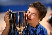 11 May 2025; Dundalk's David O'Hare celebrates with the cup after the LOI Cairdeas Cup Festival final match between Dundalk and Finn Harps at the National Indoor Arena on the Sport Ireland Campus in Dublin. Photo by Stephen McCarthy/Sportsfile