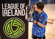 11 May 2025; Dundalk's David O'Hare celebrates with the cup after the LOI Cairdeas Cup Festival final match between Dundalk and Finn Harps at the National Indoor Arena on the Sport Ireland Campus in Dublin. Photo by Stephen McCarthy/Sportsfile