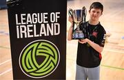 11 May 2025; Dundalk's Scott McQuillan celebrates with the cup after the LOI Cairdeas Cup Festival final match between Dundalk and Finn Harps at the National Indoor Arena on the Sport Ireland Campus in Dublin. Photo by Stephen McCarthy/Sportsfile