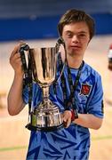 11 May 2025; Dundalk's David O'Hare celebrates with the cup after the LOI Cairdeas Cup Festival final match between Dundalk and Finn Harps at the National Indoor Arena on the Sport Ireland Campus in Dublin. Photo by Stephen McCarthy/Sportsfile