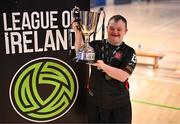 11 May 2025; Dundalk's Adam Nulty celebrates with the cup after the LOI Cairdeas Cup Festival final match between Dundalk and Finn Harps at the National Indoor Arena on the Sport Ireland Campus in Dublin. Photo by Stephen McCarthy/Sportsfile