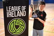 11 May 2025; Dundalk's Scott McQuillan celebrates with the cup after the LOI Cairdeas Cup Festival final match between Dundalk and Finn Harps at the National Indoor Arena on the Sport Ireland Campus in Dublin. Photo by Stephen McCarthy/Sportsfile