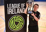 11 May 2025; Dundalk's Kevin Trainer celebrates with the cup after the LOI Cairdeas Cup Festival final match between Dundalk and Finn Harps at the National Indoor Arena on the Sport Ireland Campus in Dublin. Photo by Stephen McCarthy/Sportsfile