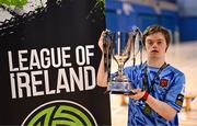 11 May 2025; Dundalk's David O'Hare celebrates with the cup after the LOI Cairdeas Cup Festival final match between Dundalk and Finn Harps at the National Indoor Arena on the Sport Ireland Campus in Dublin. Photo by Stephen McCarthy/Sportsfile