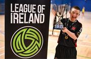 11 May 2025; Dundalk's Aaron Connolly celebrates with the cup after the LOI Cairdeas Cup Festival final match between Dundalk and Finn Harps at the National Indoor Arena on the Sport Ireland Campus in Dublin. Photo by Stephen McCarthy/Sportsfile