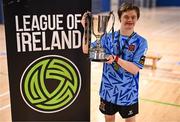 11 May 2025; Dundalk's David O'Hare celebrates with the cup after the LOI Cairdeas Cup Festival final match between Dundalk and Finn Harps at the National Indoor Arena on the Sport Ireland Campus in Dublin. Photo by Stephen McCarthy/Sportsfile