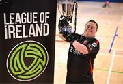 11 May 2025; Dundalk's Declan Donaghy celebrates with the cup after the LOI Cairdeas Cup Festival final match between Dundalk and Finn Harps at the National Indoor Arena on the Sport Ireland Campus in Dublin. Photo by Stephen McCarthy/Sportsfile