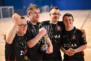 11 May 2025; Dundalk players celebrate with the cup after the LOI Cairdeas Cup Festival final match between Dundalk and Finn Harps at the National Indoor Arena on the Sport Ireland Campus in Dublin. Photo by Stephen McCarthy/Sportsfile