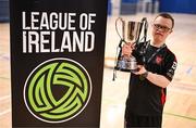 11 May 2025; Dundalk's Micheál McCloy celebrates with the cup after the LOI Cairdeas Cup Festival final match between Dundalk and Finn Harps at the National Indoor Arena on the Sport Ireland Campus in Dublin. Photo by Stephen McCarthy/Sportsfile