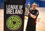 11 May 2025; Dundalk's Jonathan Evans celebrates with the cup after the LOI Cairdeas Cup Festival final match between Dundalk and Finn Harps at the National Indoor Arena on the Sport Ireland Campus in Dublin. Photo by Stephen McCarthy/Sportsfile