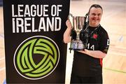 11 May 2025; Dundalk's Conor Halfpenny celebrates with the cup after the LOI Cairdeas Cup Festival final match between Dundalk and Finn Harps at the National Indoor Arena on the Sport Ireland Campus in Dublin. Photo by Stephen McCarthy/Sportsfile