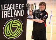 11 May 2025; Dundalk's Conor McGuinness celebrates with the cup after the LOI Cairdeas Cup Festival final match between Dundalk and Finn Harps at the National Indoor Arena on the Sport Ireland Campus in Dublin. Photo by Stephen McCarthy/Sportsfile