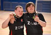 11 May 2025; Dundalk's Adam Nulty, left, and Conor McGuinness celebrate after winning the LOI Cairdeas Cup Festival final match between Dundalk and Finn Harps at the National Indoor Arena on the Sport Ireland Campus in Dublin. Photo by Stephen McCarthy/Sportsfile
