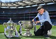 14 May 2025; Allianz today announced the extension of its sponsorship of the GAA Football All-Ireland Senior Championship for a further three years and unveiled the newest face of its 2025 campaign, 9-year-old Sheamie Garrihy, who will assume the role of Allianz’s first ‘Stop the Drop’ Reporter. Sheamie will take on a unique role, interviewing players, coaches, parents, teachers and sporting personalities from across the world of Gaelic Games to find out what sport means to them, what inspired them to keep going and how adults today can help children stay engaged in sport. Pictured at Croke Park in Dublin is Allianz first 'Stop the Drop' reporter, nine year old Sheamie Garrihy from Clare with the Tailteann cup and the Sam Magure cup. Photo by Brendan Moran/Sportsfile