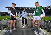 14 May 2025; Allianz today announced the extension of its sponsorship of the GAA Football All-Ireland Senior Championship for a further three years and unveiled the newest face of its 2025 campaign, 9-year-old Sheamie Garrihy, who will assume the role of Allianz’s first ‘Stop the Drop’ Reporter. Sheamie will take on a unique role, interviewing players, coaches, parents, teachers and sporting personalities from across the world of Gaelic Games to find out what sport means to them, what inspired them to keep going and how adults today can help children stay engaged in sport. Pictured at Croke Park in Dublin are, from left, Sligo footballer Pat Spillane Jnr, Allianz first 'Stop the Drop' reporter, nine year old Sheamie Garrihy from Clare and Meath footballer Cian McBride. Photo by Brendan Moran/Sportsfile