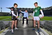 14 May 2025; Allianz today announced the extension of its sponsorship of the GAA Football All-Ireland Senior Championship for a further three years and unveiled the newest face of its 2025 campaign, 9-year-old Sheamie Garrihy, who will assume the role of Allianz’s first ‘Stop the Drop’ Reporter. Sheamie will take on a unique role, interviewing players, coaches, parents, teachers and sporting personalities from across the world of Gaelic Games to find out what sport means to them, what inspired them to keep going and how adults today can help children stay engaged in sport. Pictured at Croke Park in Dublin are, from left, Sligo footballer Pat Spillane Jnr, Allianz first 'Stop the Drop' reporter, nine year old Sheamie Garrihy from Clare and Meath footballer Cian McBride. Photo by Brendan Moran/Sportsfile