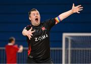 11 May 2025; Jamie Linden of Dundalk celebrates after scoring a goal during the LOI Cairdeas Cup Festival match between Dundalk and Sligo Rovers at the National Indoor Arena on the Sport Ireland Campus in Dublin. Photo by Stephen McCarthy/Sportsfile