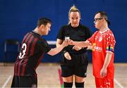 11 May 2025; Referee Sarah Dyas with Bohemians captain Paul Mullen and Shelbourne captain Josh Hennessy before the LOI Cairdeas Cup Festival match between Bohemians and Shelbourne at the National Indoor Arena on the Sport Ireland Campus in Dublin. Photo by Stephen McCarthy/Sportsfile