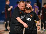 11 May 2025; Stuart McCarthy, left and David Wall of Cork City after the LOI Cairdeas Cup Festival match between Cork City and Sligo Rovers at the National Indoor Arena on the Sport Ireland Campus in Dublin. Photo by Stephen McCarthy/Sportsfile