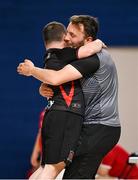 11 May 2025; Dundalk coach Luke Murphy and Adam Nulty celebrates a goal during the LOI Cairdeas Cup Festival match between Dundalk and Sligo Rovers at the National Indoor Arena on the Sport Ireland Campus in Dublin. Photo by Stephen McCarthy/Sportsfile