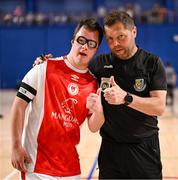 11 May 2025; Referee David Gallagher with St Patrick's Athletic captain Mark O'Meara before the LOI Cairdeas Cup Festival match between St Patrick's Athletic and Wexford at the National Indoor Arena on the Sport Ireland Campus in Dublin. Photo by Stephen McCarthy/Sportsfile