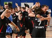 11 May 2025; Dundalk players and coaches including coach Luke Murphy and Conor McGuinness celebrate after the LOI Cairdeas Cup Festival final match between Dundalk and Finn Harps at the National Indoor Arena on the Sport Ireland Campus in Dublin. Photo by Stephen McCarthy/Sportsfile