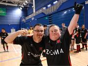 11 May 2025; Dundalk's Jonathan Evans, left, and Declan Donaghy celebrate after winning the LOI Cairdeas Cup Festival final match between Dundalk and Finn Harps at the National Indoor Arena on the Sport Ireland Campus in Dublin. Photo by Stephen McCarthy/Sportsfile