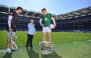 14 May 2025; Allianz today announced the extension of its sponsorship of the GAA Football All-Ireland Senior Championship for a further three years and unveiled the newest face of its 2025 campaign, 9-year-old Sheamie Garrihy, who will assume the role of Allianz’s first ‘Stop the Drop’ Reporter. Sheamie will take on a unique role, interviewing players, coaches, parents, teachers and sporting personalities from across the world of Gaelic Games to find out what sport means to them, what inspired them to keep going and how adults today can help children stay engaged in sport. Pictured at Croke Park in Dublin are, from left, Sligo footballer Pat Spillane Jnr, Allianz first 'Stop the Drop' reporter, nine year old Sheamie Garrihy from Clare and Meath footballer Cian McBride. Photo by Brendan Moran/Sportsfile
