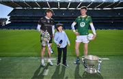 14 May 2025; Allianz today announced the extension of its sponsorship of the GAA Football All-Ireland Senior Championship for a further three years and unveiled the newest face of its 2025 campaign, 9-year-old Sheamie Garrihy, who will assume the role of Allianz’s first ‘Stop the Drop’ Reporter. Sheamie will take on a unique role, interviewing players, coaches, parents, teachers and sporting personalities from across the world of Gaelic Games to find out what sport means to them, what inspired them to keep going and how adults today can help children stay engaged in sport. Pictured at Croke Park in Dublin are, from left, Sligo footballer Pat Spillane Jnr, Allianz first 'Stop the Drop' reporter, nine year old Sheamie Garrihy from Clare and Meath footballer Cian McBride. Photo by Brendan Moran/Sportsfile