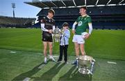 14 May 2025; Allianz today announced the extension of its sponsorship of the GAA Football All-Ireland Senior Championship for a further three years and unveiled the newest face of its 2025 campaign, 9-year-old Sheamie Garrihy, who will assume the role of Allianz’s first ‘Stop the Drop’ Reporter. Sheamie will take on a unique role, interviewing players, coaches, parents, teachers and sporting personalities from across the world of Gaelic Games to find out what sport means to them, what inspired them to keep going and how adults today can help children stay engaged in sport. Pictured at Croke Park in Dublin are, from left, Sligo footballer Pat Spillane Jnr, Allianz first 'Stop the Drop' reporter, nine year old Sheamie Garrihy from Clare and Meath footballer Cian McBride. Photo by Brendan Moran/Sportsfile