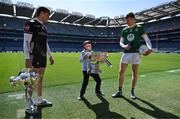 14 May 2025; Allianz today announced the extension of its sponsorship of the GAA Football All-Ireland Senior Championship for a further three years and unveiled the newest face of its 2025 campaign, 9-year-old Sheamie Garrihy, who will assume the role of Allianz’s first ‘Stop the Drop’ Reporter. Sheamie will take on a unique role, interviewing players, coaches, parents, teachers and sporting personalities from across the world of Gaelic Games to find out what sport means to them, what inspired them to keep going and how adults today can help children stay engaged in sport. Pictured at Croke Park in Dublin are, from left, Sligo footballer Pat Spillane Jnr, Allianz first 'Stop the Drop' reporter, nine year old Sheamie Garrihy from Clare and Meath footballer Cian McBride. Photo by Brendan Moran/Sportsfile