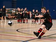 11 May 2025; Dundalk's Kevin Trainer takes a penalty kick during the penalty shootout to decide the LOI Cairdeas Cup Festival final match between Dundalk and Finn Harps at the National Indoor Arena on the Sport Ireland Campus in Dublin. Photo by Stephen McCarthy/Sportsfile