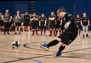 11 May 2025; David Crawford of Finn Harps takes a penalty kick during the penalty shootout to decide the LOI Cairdeas Cup Festival final match between Dundalk and Finn Harps at the National Indoor Arena on the Sport Ireland Campus in Dublin. Photo by Stephen McCarthy/Sportsfile