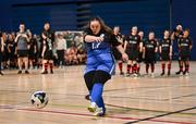 11 May 2025; Leanne Kelly of Finn Harps takes a penalty kick during the penalty shootout to decide the LOI Cairdeas Cup Festival final match between Dundalk and Finn Harps at the National Indoor Arena on the Sport Ireland Campus in Dublin. Photo by Stephen McCarthy/Sportsfile