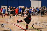 11 May 2025; Dundalk's Conor McGuinness takes the last penalty kick during the penalty shootout to decide the LOI Cairdeas Cup Festival final match between Dundalk and Finn Harps at the National Indoor Arena on the Sport Ireland Campus in Dublin. Photo by Stephen McCarthy/Sportsfile