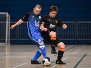 11 May 2025; Cian Kelleher of Cork City and Daniel McGilloway of Finn Harps during the LOI Cairdeas Cup Festival match between Cork City and Finn Harps at the National Indoor Arena on the Sport Ireland Campus in Dublin. Photo by Stephen McCarthy/Sportsfile