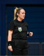 11 May 2025; Referee Sarah Dyas during the LOI Cairdeas Cup Festival at the National Indoor Arena on the Sport Ireland Campus in Dublin. Photo by Stephen McCarthy/Sportsfile