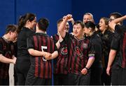 11 May 2025; Bohemians players and coaches celebrate after the LOI Cairdeas Cup Festival match between Bohemians and Bray Wanderers at the National Indoor Arena on the Sport Ireland Campus in Dublin. Photo by Stephen McCarthy/Sportsfile