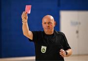 11 May 2025; Referee James Keating shows a red card during the LOI Cairdeas Cup Festival match between Dundalk and Sligo Rovers at the National Indoor Arena on the Sport Ireland Campus in Dublin. Photo by Stephen McCarthy/Sportsfile